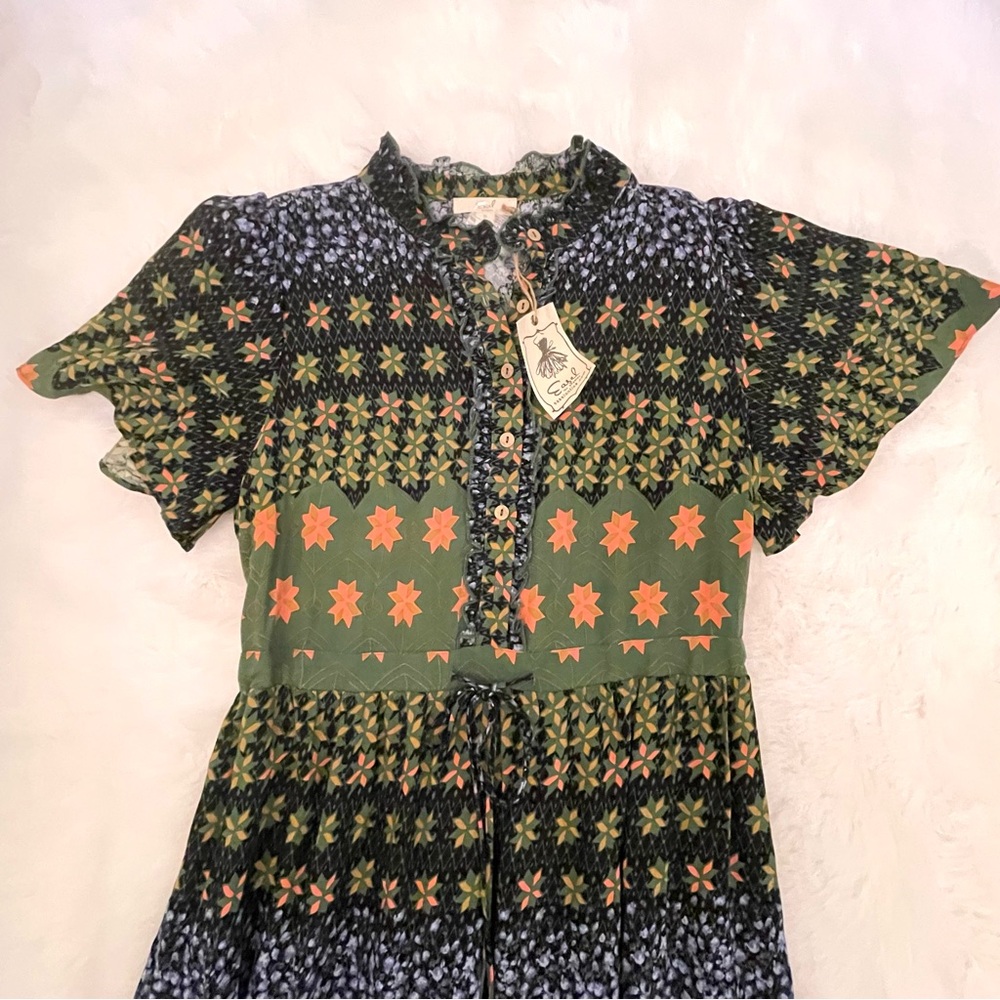 NWT Easel Blue & Green Jewel Tone Floral Patchwork Tiered Long Dress - Picture 6 of 15